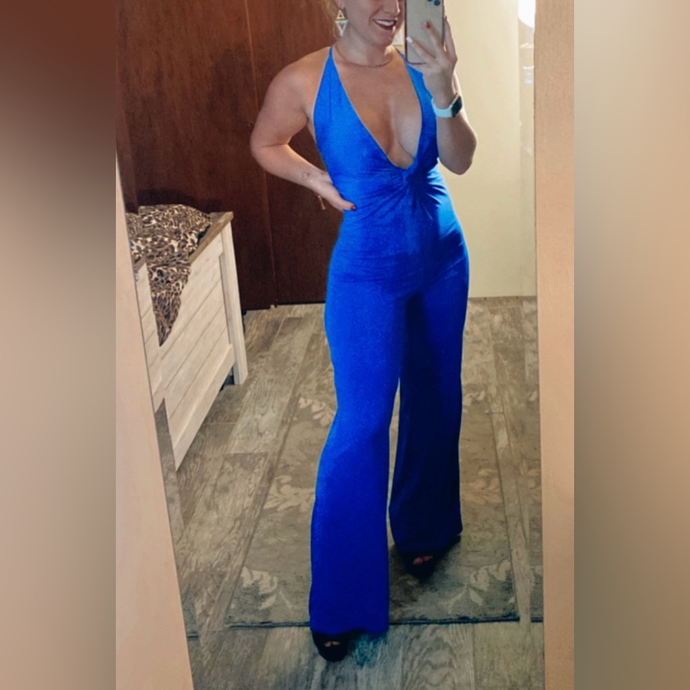 Deep V Wide-Leg Jumpsuit in Royal Blue